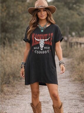 Nashville Cowboy Graphic T-Shirt Dress - Black with Red Print